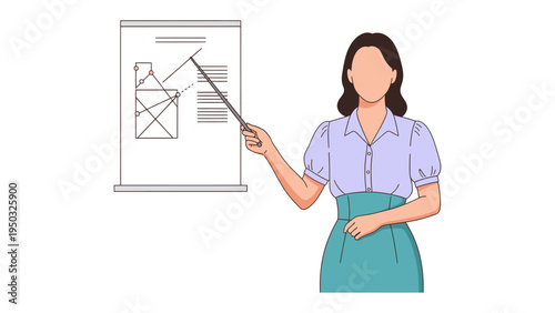 Expert Presentation: A professional female in an office setting, presenting information on a screen with a pointer, focused and communicative. 