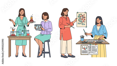 Artistic and Scientific Pursuits: A collection of images portraying women in different artistic and scientific fields, showcasing their diverse talents and interests.