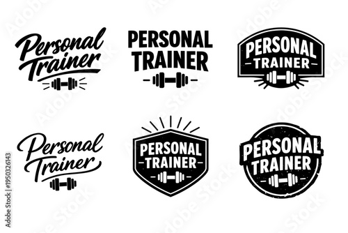 Set of six personal trainer logos featuring dumbbells in various styles