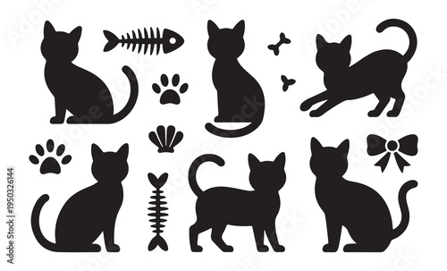 Cute cat silhouette set with fish bone paw prints and ribbon elements for creative pet themed graphic design work