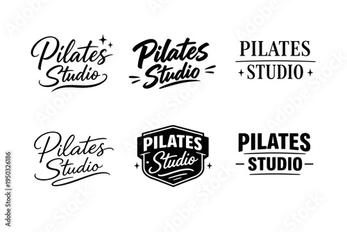 Set of six unique pilates studio logos with stylish typography designs