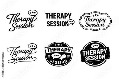 Therapy session icons and logos collection with speech bubbles and stars