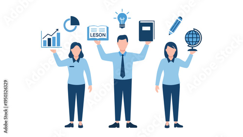 Knowledge and Learning: A group of individuals representing the pillars of education, each holding symbols of knowledge and learning, from charts and lesson plans to books and a globe.