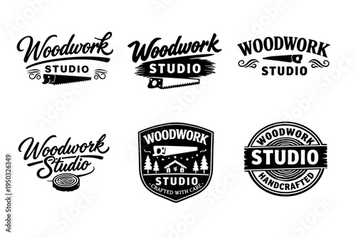 Vintage woodwork studio logos featuring saw, axe, trees, and handcrafted elements