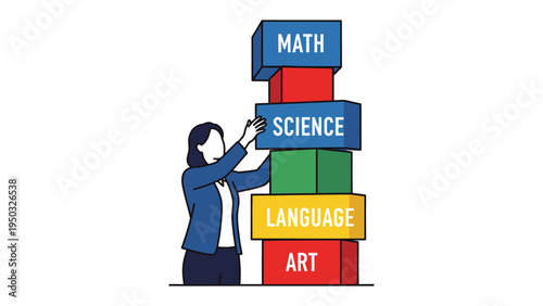 Building Knowledge: A dedicated figure meticulously constructs a tower of colorful building blocks, each bearing a fundamental subject of education.