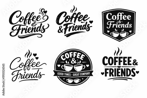 Coffee and friends: black and white logo collection featuring cups and steam