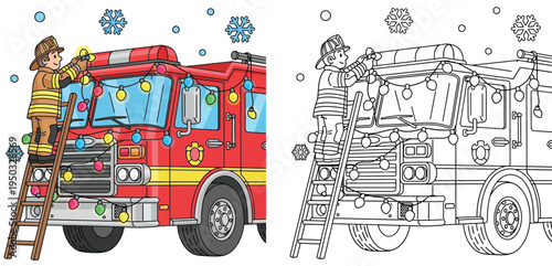 Firefighter Decorating Fire Truck with Christmas Lights and Snowflakes - Festive Service