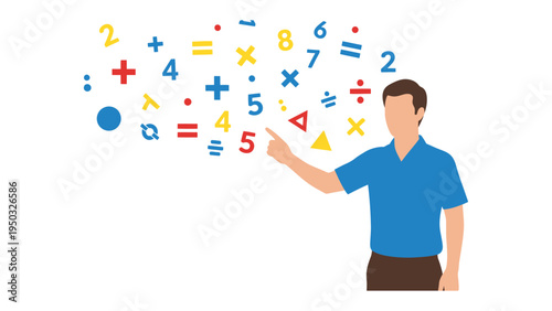 Math Mastery Unveiled: A tutor guides understanding, pointing toward vibrant symbols of mathematical knowledge, igniting a journey of numbers and equations.