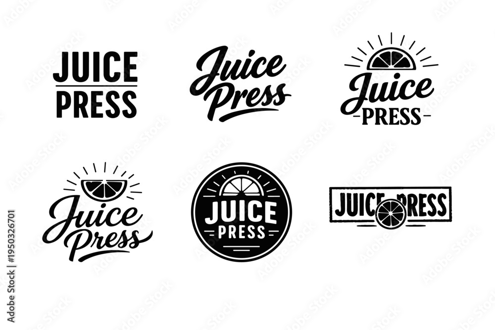Obraz premium Vintage black and white juice press logos with lemon slice illustrations