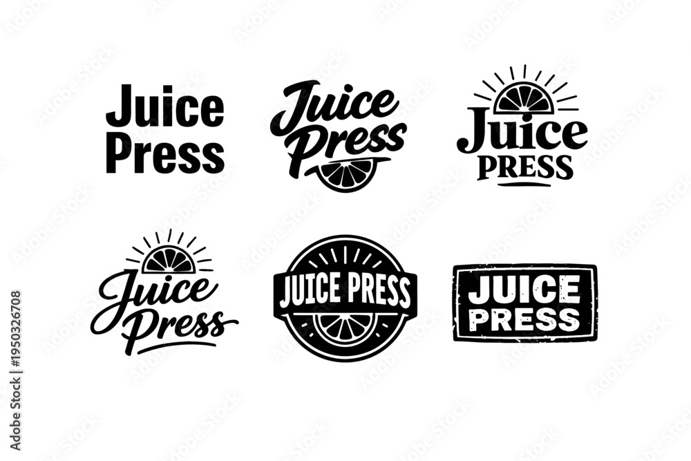Obraz premium Variety of juice press logos with typography and citrus elements
