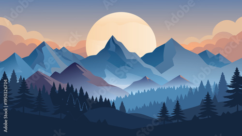 A serene mountain landscape with a large sun