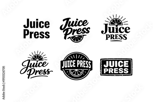 Variety of juice press logos with typography and citrus elements