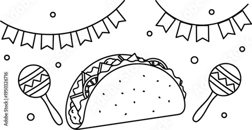 Outline illustration depicting a delicious taco with maracas and festive bunting, perfect for celebrating a vibrant Mexican fiesta or Cinco de Mayo.