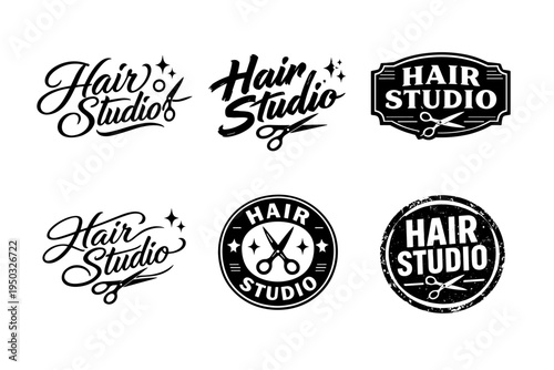 Vintage hair studio logos with scissors and retro aesthetic elements
