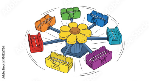 Colorful Amusement Park Ride Carousel with Flower Center and Seats