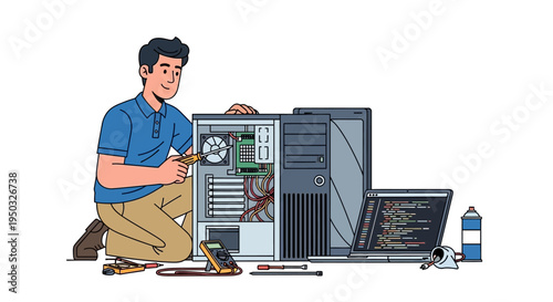 Computer Technician Repairing Desktop PC, Laptop, and Mobile Phone with Tools