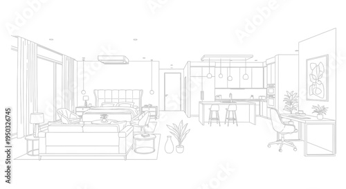 Line art drawing illustrates a modern open concept studio apartment featuring distinct living kitchen and sleeping areas