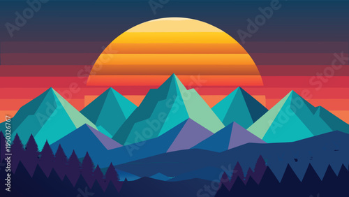 Sunset over a mountain range with trees