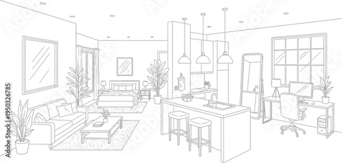 Detailed black and white line art illustration depicts a modern open concept studio apartment layout with multiple functional zones.