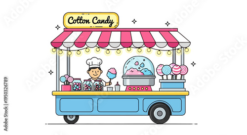 Cute Cotton Candy Cart with Chef, Colorful Sweets, and Lights