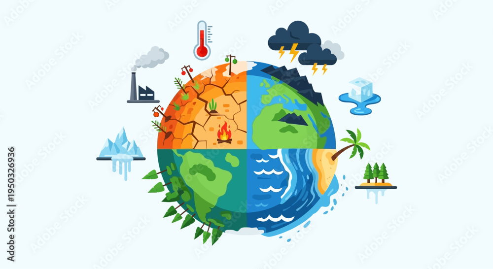 Naklejka premium Earth Climate Change: Global Warming, Extreme Weather, Melting Ice, Drought
