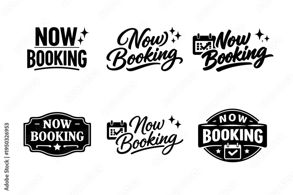 Fototapeta premium Now booking icons set with calendar and star elements in black and white