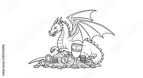 Dragon Guarding Treasure Hoard with Chalice and Jewels