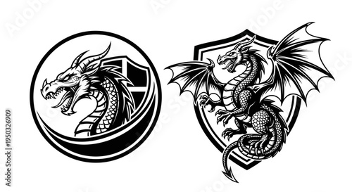 Dragon Emblem Set: Fierce Head in Circle and Full Body on Shield