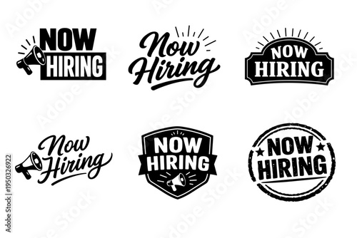 Black and white now hiring logos collection in various styles