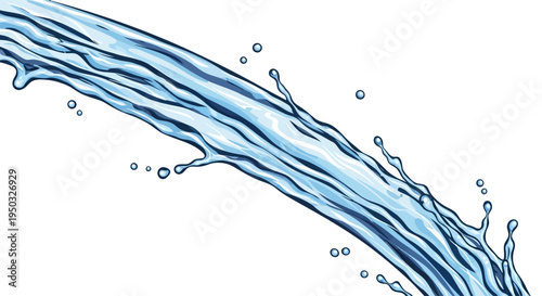 Dynamic Water Stream Splash Isolated on White Background, Refreshing Liquid Flow