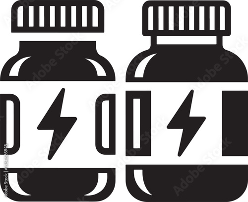 Two black icons of bottles with lightning bolt symbols, representing energy or supplements, Energy Drink, Black And White, Raw Power, Energy Boost, Supplement Bottle