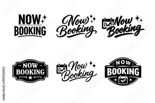 Now booking icons set with calendar and star elements in black and white