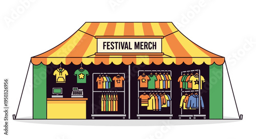 Festival Merch Tent with T-shirts, Hoodies, and Accessories Displayed