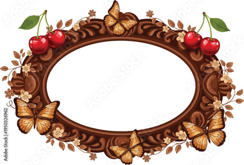 A beautifully designed oval frame adorned with butterflies, cherries, and leaves on a white background