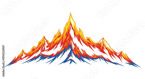 Fiery Mountain Peak Illustration: Volcanic Eruption, Hot Lava, Snow-Capped Summit, Dramatic Landscape