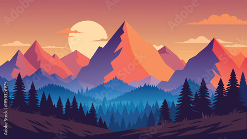 Sunset over a mountain range with trees