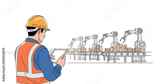 Factory worker with tablet overseeing automated robotic arms on assembly line