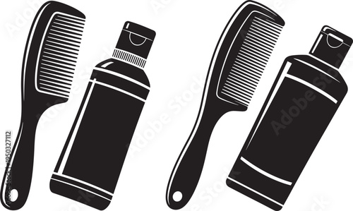 Two black icons of hair combs and bottles, symbolizing hair care, styling, or beauty products, Hair Comb, Personal Hygiene, Hair Accessories, Spray Bottle, Plastic Bottle