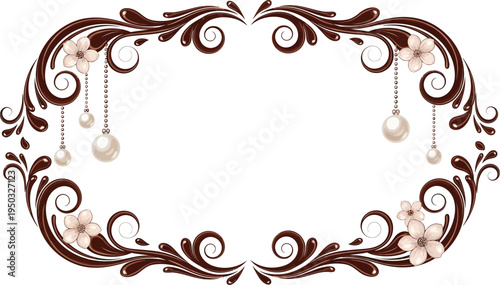 A beautiful brown and white ornate frame with pearls and flowers on a white background