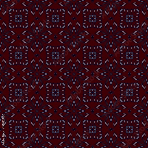 Traditional Ikat Seamless Pattern, Ethnic Geometric Fabric Design with Embroidery Texture