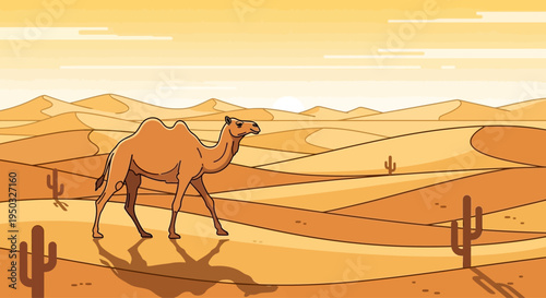 Lone Camel Walking Through Vast Desert Dunes Under a Warm, Hazy Sky