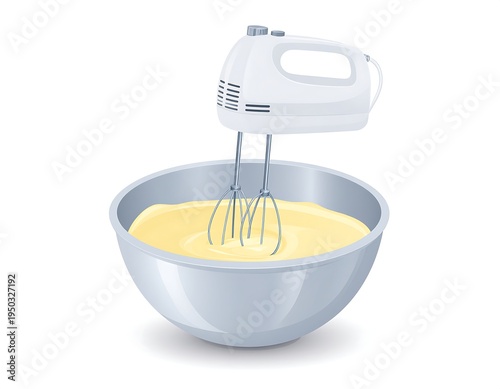 Electric mixer blending smooth, yellow batter in a metal bowl. Clean, bright, food-related illustration