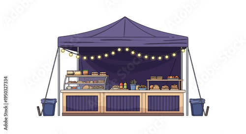 Outdoor Food Stall with String Lights and Displayed Goods