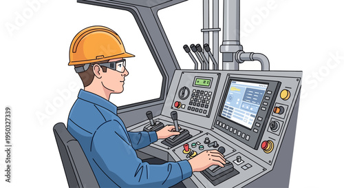 Operator in hard hat controlling heavy machinery from a modern control panel