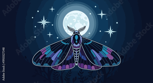Mystical Moth Under Full Moon and Starry Night Sky, Dark Fantasy Art