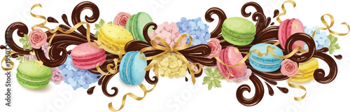 A colorful illustration of macarons and flowers with chocolate swirls and golden ribbons on a white background