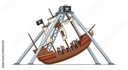 Pixel Art Pirate Ship Ride with Jolly Roger Flag at Amusement Park
