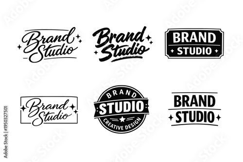 Variety of "brand studio" typography logo designs in black and white