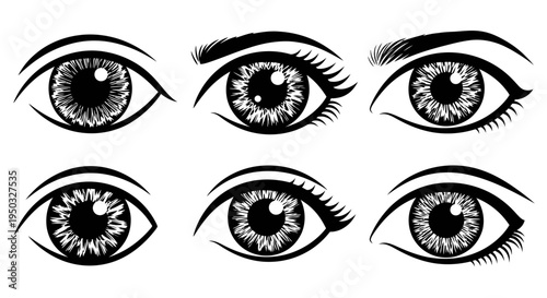 Set of Six Stylized Human Eyes, Black and White, Close-up