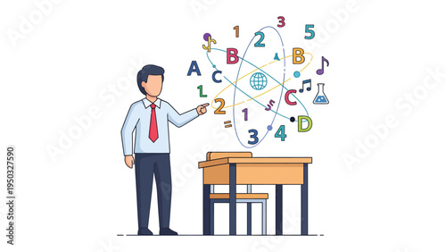 Teacher's lesson: An educator passionately elucidates concepts, surrounded by the vibrant symbols of knowledge and learning.